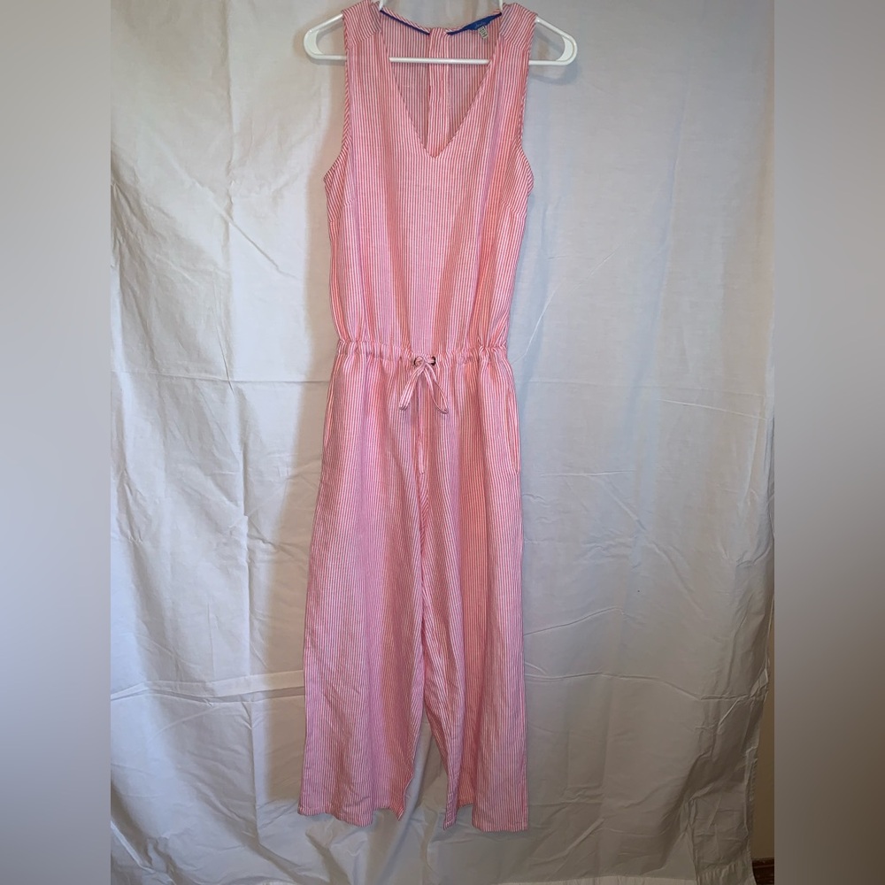Joules Red and White Striped Sleeveless Jumpsuit Blue accent zip tab